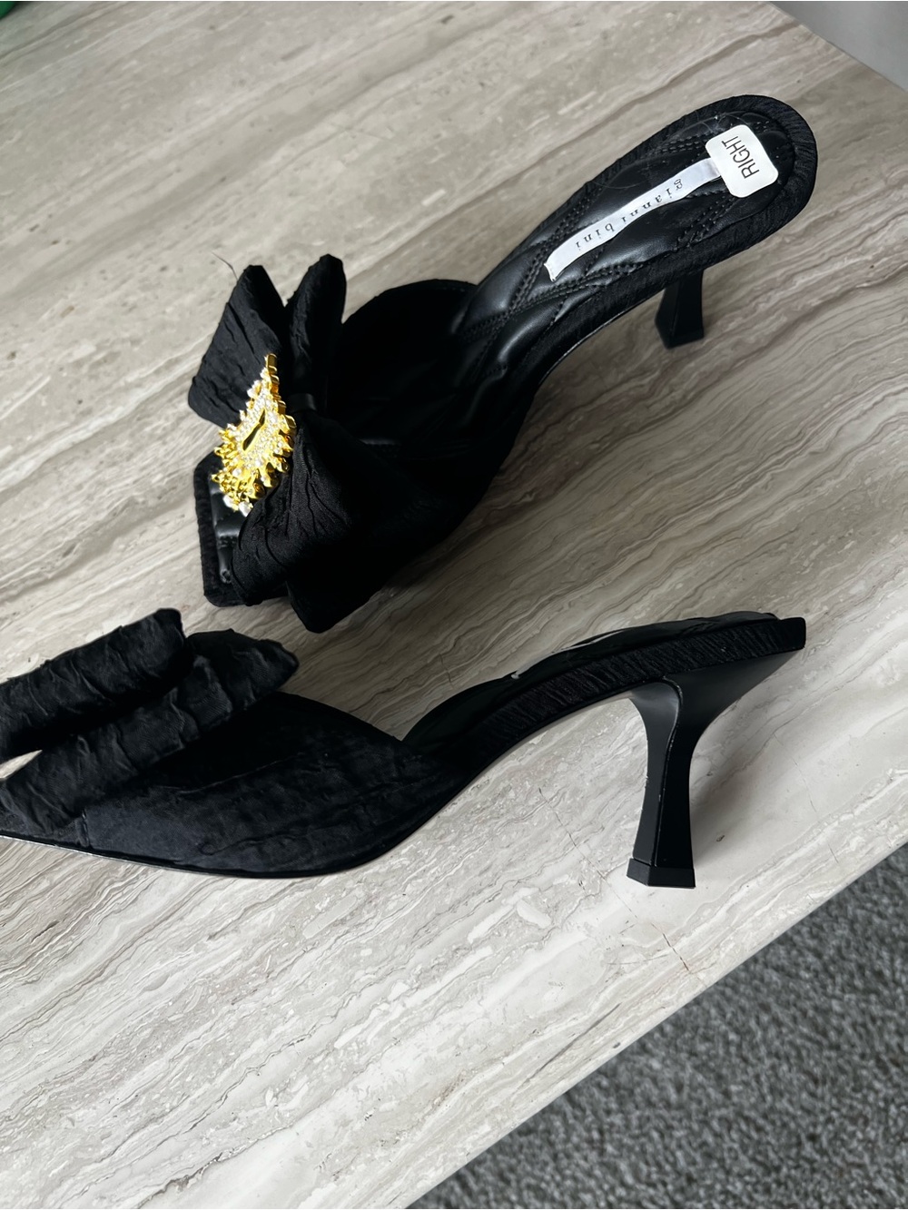 Gianni Bini Black Bow Mule Heels with Gold-tone Brooch - Picture 3 of 9